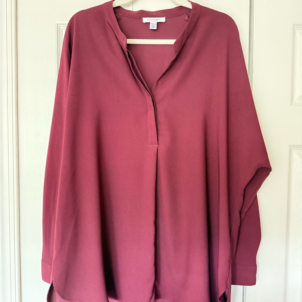 Burgundy/wine colored Oversized Long Sleeve Blouse, Mandarin Collar, XL